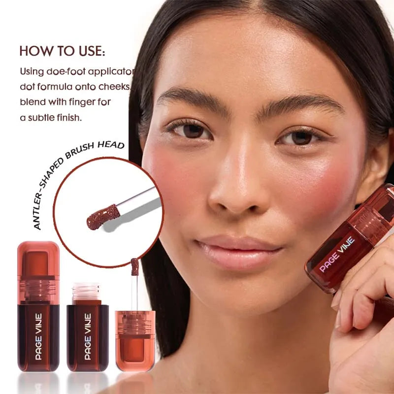 Rubor líquido perlado en 6 colores: resistente al agua y al sudor, efecto natural y duradero.