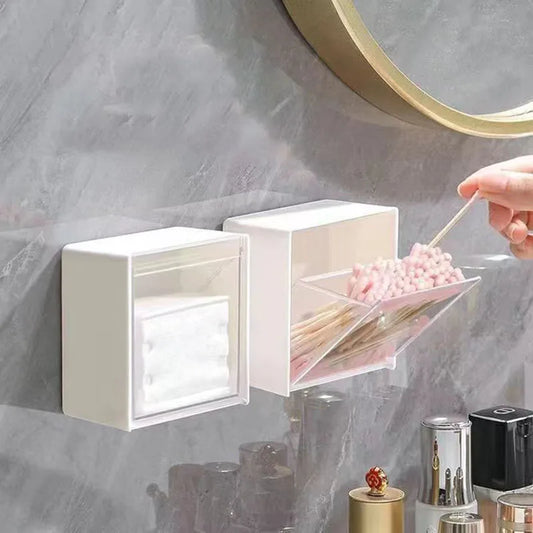 Caixa de Armazenamento de Parede em Plástico – Organizador Adesivo para Cotonetes, Maquilhagem, Acessórios e Joias | Caixa à Prova de Poeira para Casa de Banho