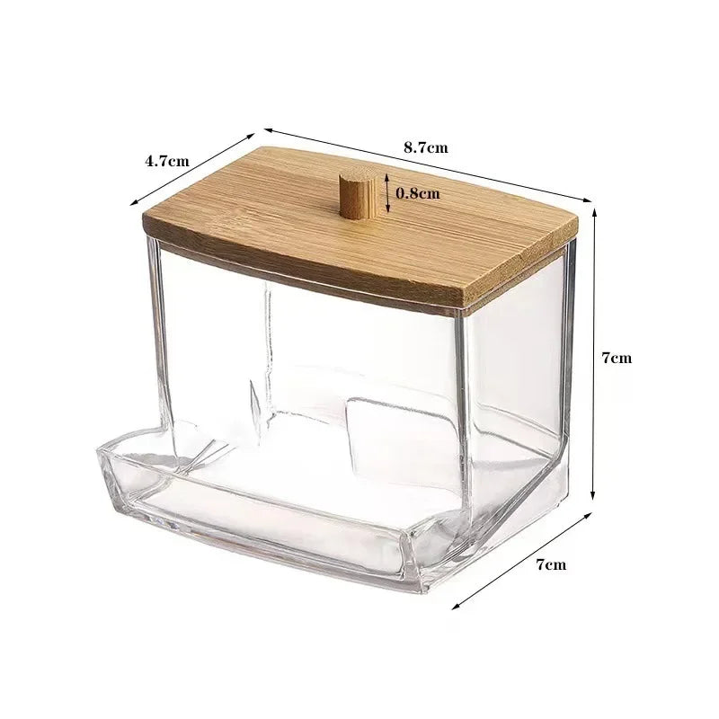 Porta Cotonetes com Tampa de Bambu – Dispensador de Cotonetes | Recipiente Transparente em Plástico com Tampa de Bambu | Organizador para Casa de Banho