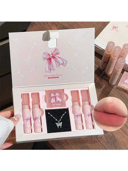 Conjunto de Batons Mate 6 Peças - Kit Maquilhagem Lábios Veludo Nude com Blush e Colar Presente