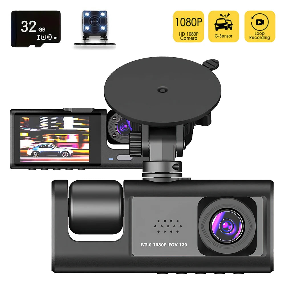 Cámara de salpicadero de 3 canales 1080P con visión nocturna - Cámara DVR para coche con pantalla IPS y grabación en bucle