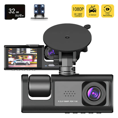 Cámara de salpicadero de 3 canales 1080P con visión nocturna - Cámara DVR para coche con pantalla IPS y grabación en bucle