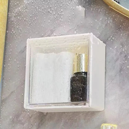 Caixa de Armazenamento de Parede em Plástico – Organizador Adesivo para Cotonetes, Maquilhagem, Acessórios e Joias | Caixa à Prova de Poeira para Casa de Banho