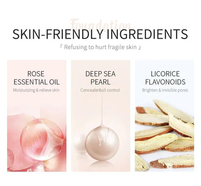 Skin-friendly ingredients rose essential oil, deep sea pearl, licorice flavonoids for moisturizing, concealing, and brightening