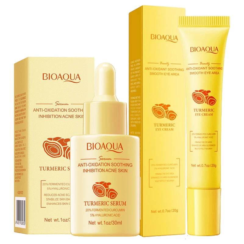 Kit BIOAQUA Cúrcuma 4 Peças - Sérum Anti-Idade Creme Olhos Anti-Acne Hidratante Iluminador