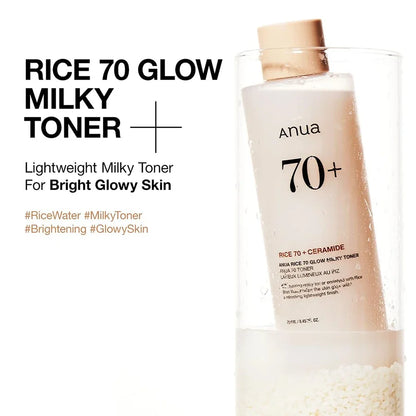 Tónico Lechoso Anua Rice 70 Glow con 70 % de agua, ceramidas de arroz, hidratante, iluminador y control de la grasa de la piel.