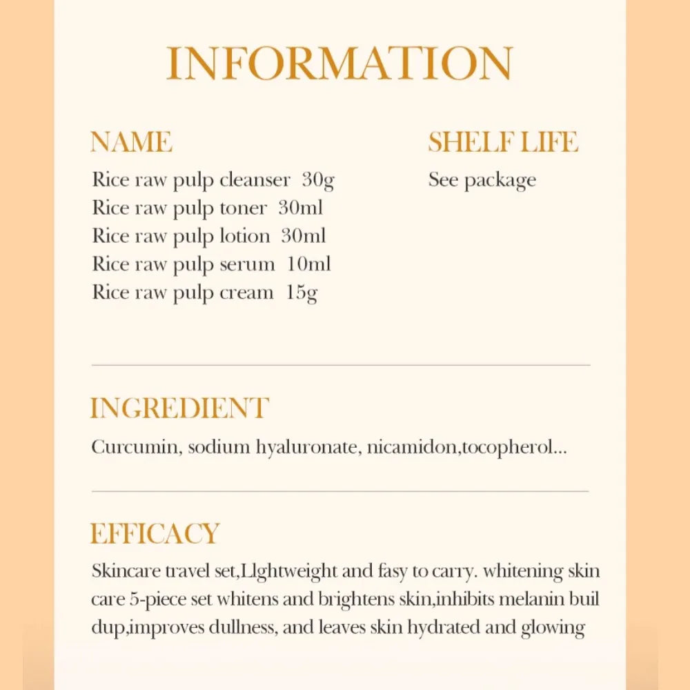 Set de cuidado de la piel con arroz BIOAOUA: limpiador, tónico, esencia, loción y crema hidratante iluminadora.