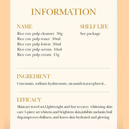 Set de cuidado de la piel con arroz BIOAOUA: limpiador, tónico, esencia, loción y crema hidratante iluminadora.