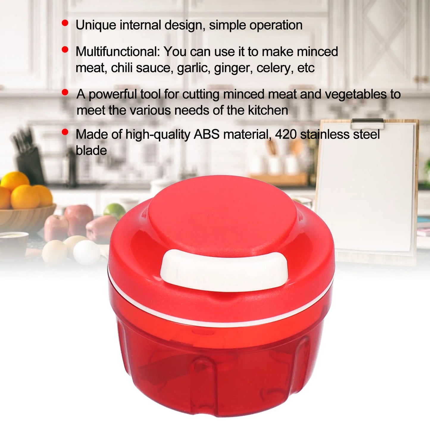 Red handheld manual food chopper with white handle and transparent container, kitchen tool for mincing meat and vegetables