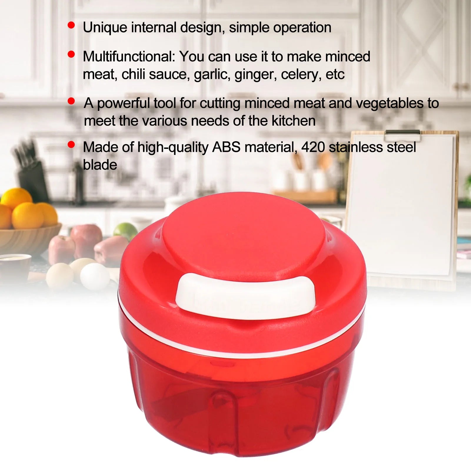Red handheld manual food chopper with white handle and transparent container, kitchen tool for mincing meat and vegetables