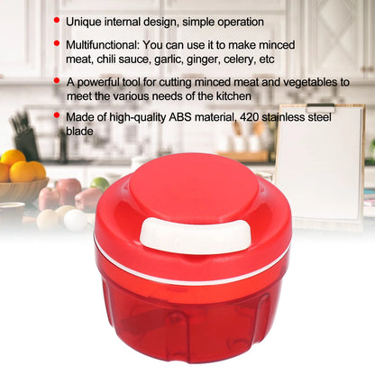 Red handheld manual food chopper with white handle and transparent container, kitchen tool for mincing meat and vegetables
