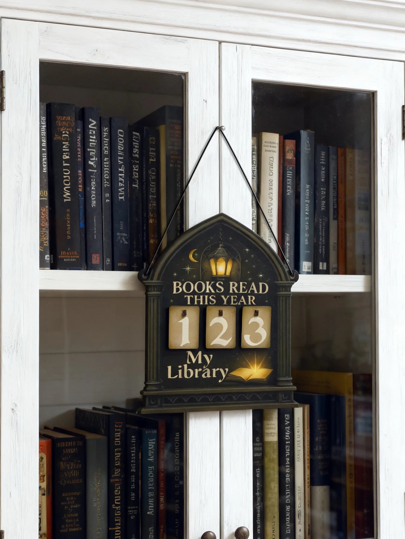 Contador Livros Lidos Decoração Parede - Design Gótico Lanterna Lua Biblioteca Presente Leitores