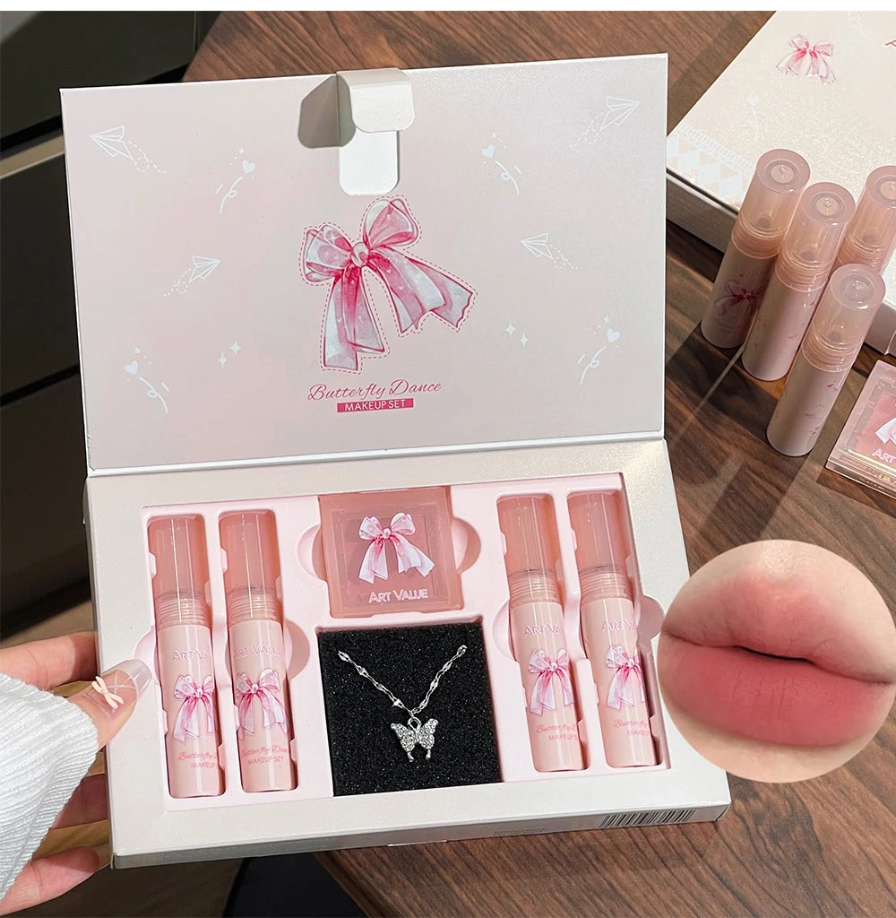 Conjunto de Batons Mate 6 Peças - Kit Maquilhagem Lábios Veludo Nude com Blush e Colar Presente