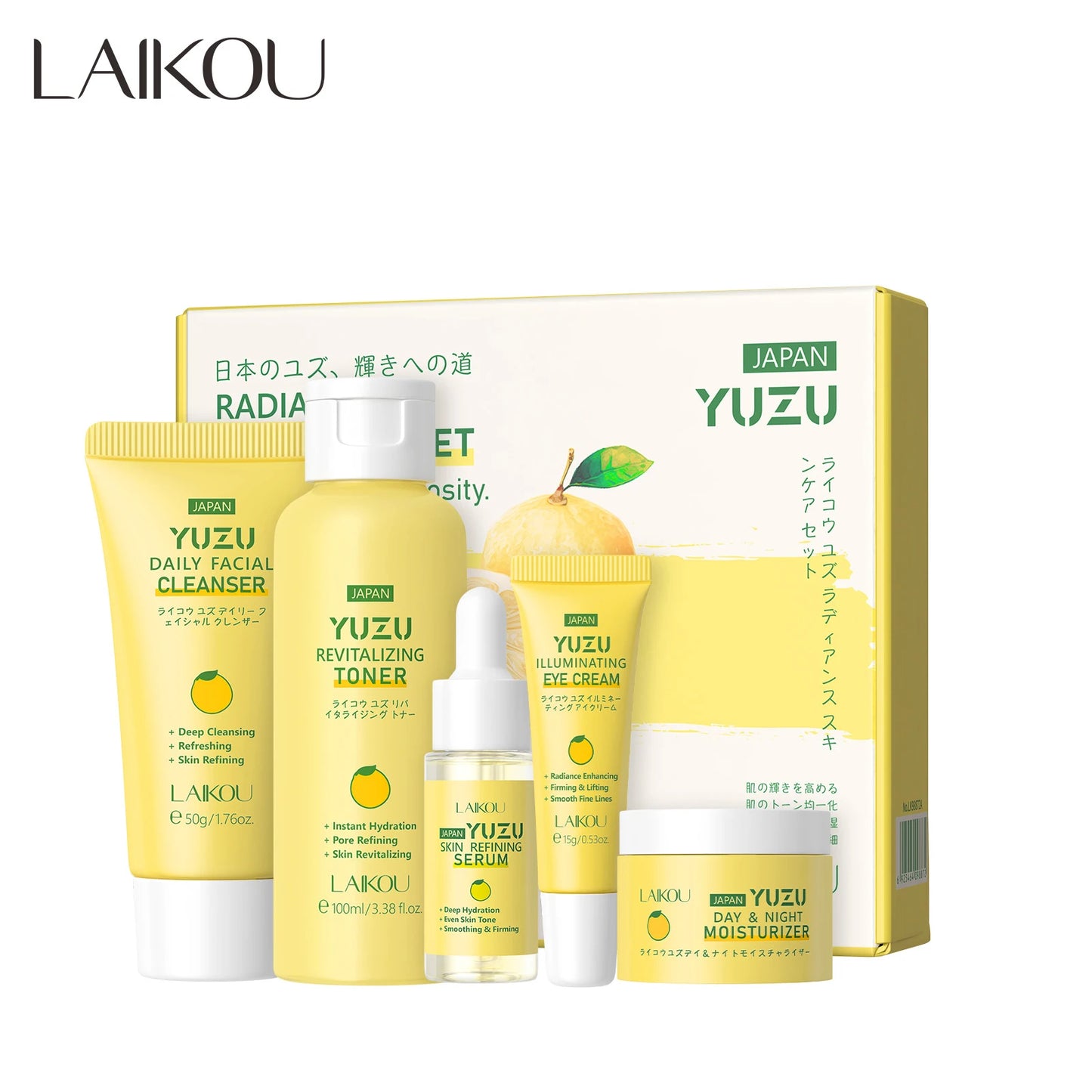 Kit LAIKOU YUZU Grapefruit 5 Peças - Creme Sérum Tónico Limpeza Olhos Hidratação Facial