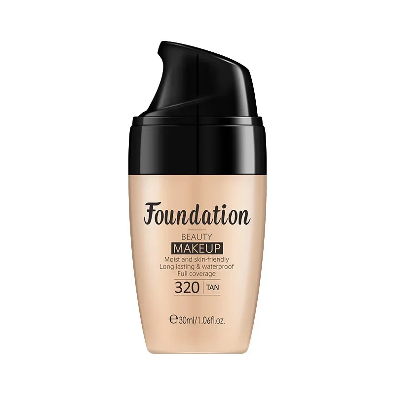 30ml foundation makeup bottle in shade 320 tan with black pump, full coverage, waterproof
