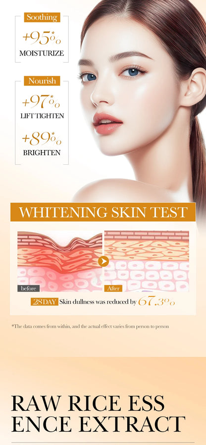 Set de cuidado de la piel con arroz BIOAOUA: limpiador, tónico, esencia, loción y crema hidratante iluminadora.