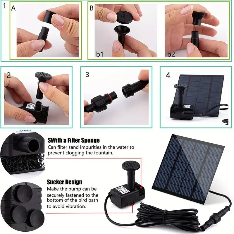 Bomba Fonte Solar 1.4W com 6 Bicos - Painel Solar para Jardim, Lago e Piscina