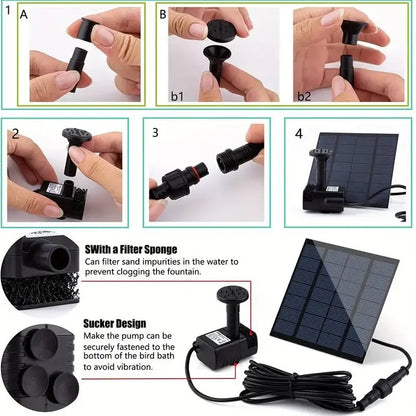 Bomba Fonte Solar 1.4W com 6 Bicos - Painel Solar para Jardim, Lago e Piscina