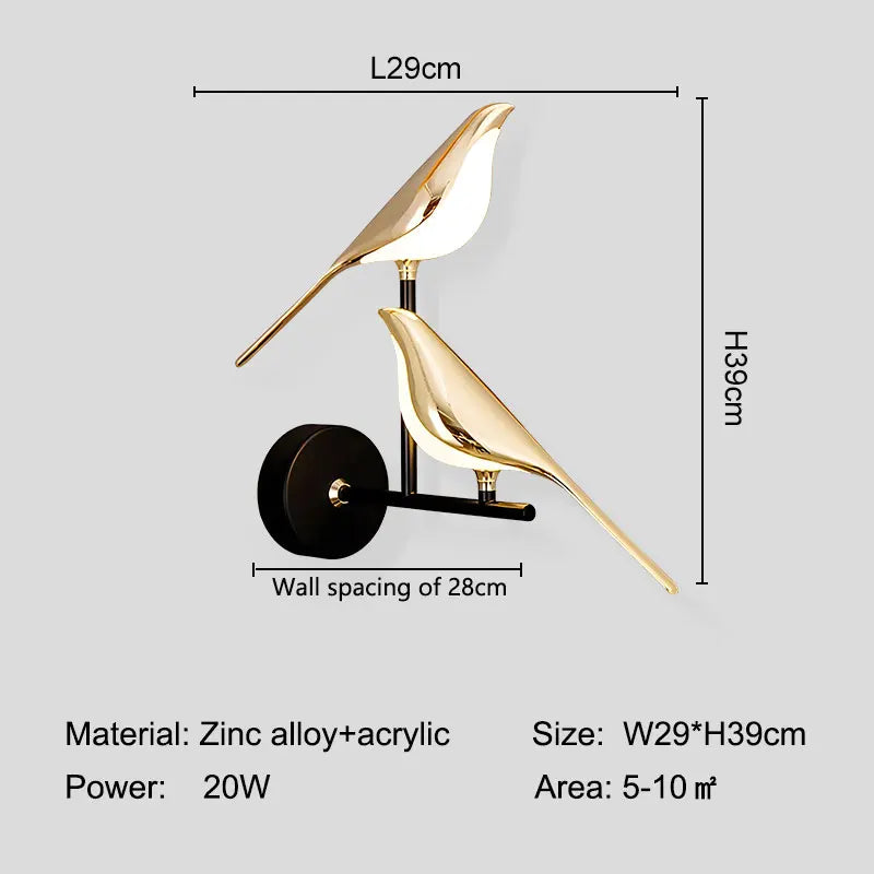 Arandela LED Pássaro Magpie Giratória 360° Dourada - Luminária Parede Nórdica para Quarto e Sala