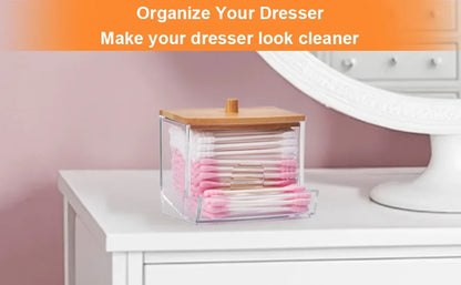 Porta Cotonetes com Tampa de Bambu – Dispensador de Cotonetes | Recipiente Transparente em Plástico com Tampa de Bambu | Organizador para Casa de Banho