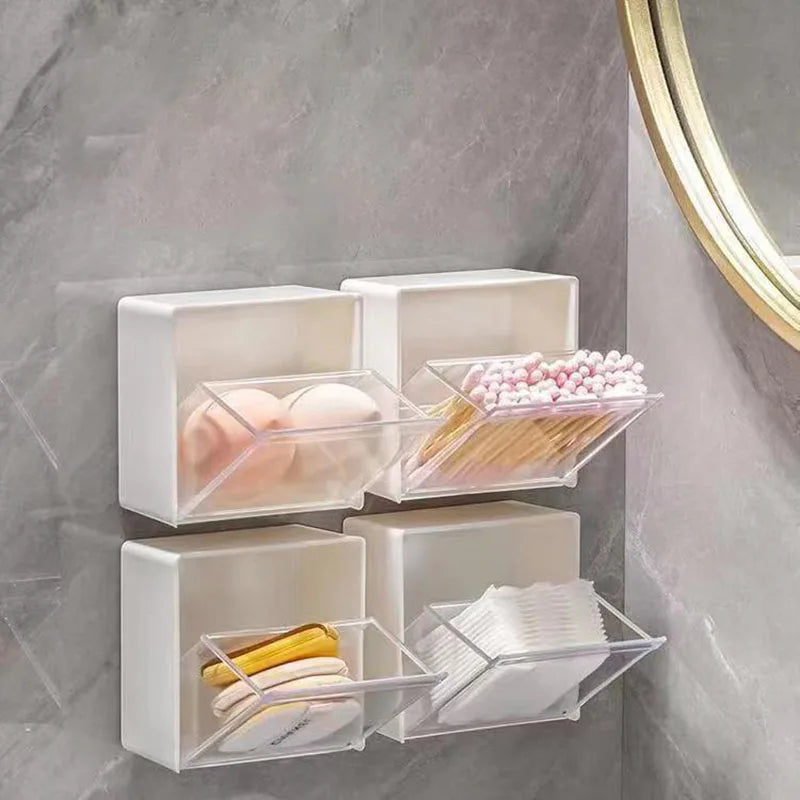 Caixa de Armazenamento de Parede em Plástico – Organizador Adesivo para Cotonetes, Maquilhagem, Acessórios e Joias | Caixa à Prova de Poeira para Casa de Banho
