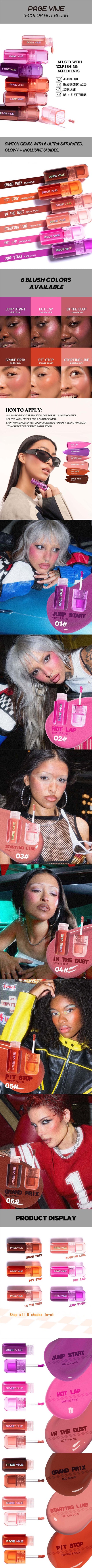 Rubor líquido perlado en 6 colores: resistente al agua y al sudor, efecto natural y duradero.