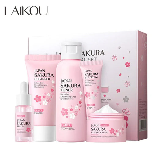 Kit de cuidado de la piel Laiko Sakura: Hidratante, reduce líneas de expresión y limpia poros, 5 piezas, estilo coreano, regalo de Navidad