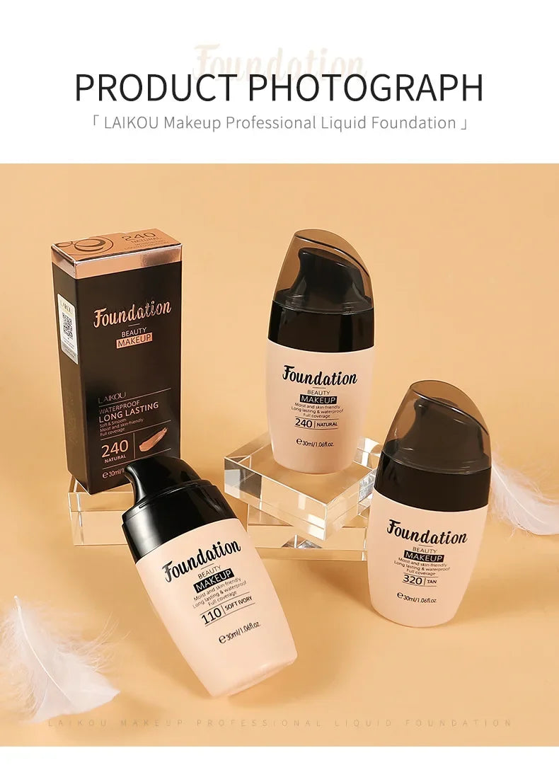 LAIKOU professional liquid foundation bottles in shades 110 Soft Ivory, 240 Natural, and 320 Tan with waterproof, long-lasting formula
