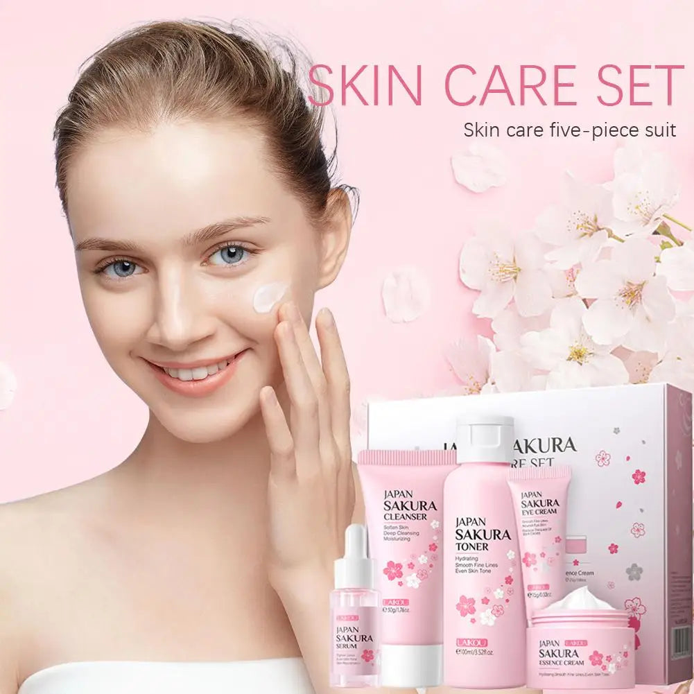 Kit de cuidado de la piel LAIKOU Sakura (5/3 piezas): crema, sérum, tónico, limpiador, protector solar, contorno de ojos y set de regalo.