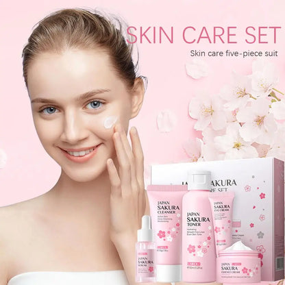 Kit de cuidado de la piel LAIKOU Sakura (5/3 piezas): crema, sérum, tónico, limpiador, protector solar, contorno de ojos y set de regalo.