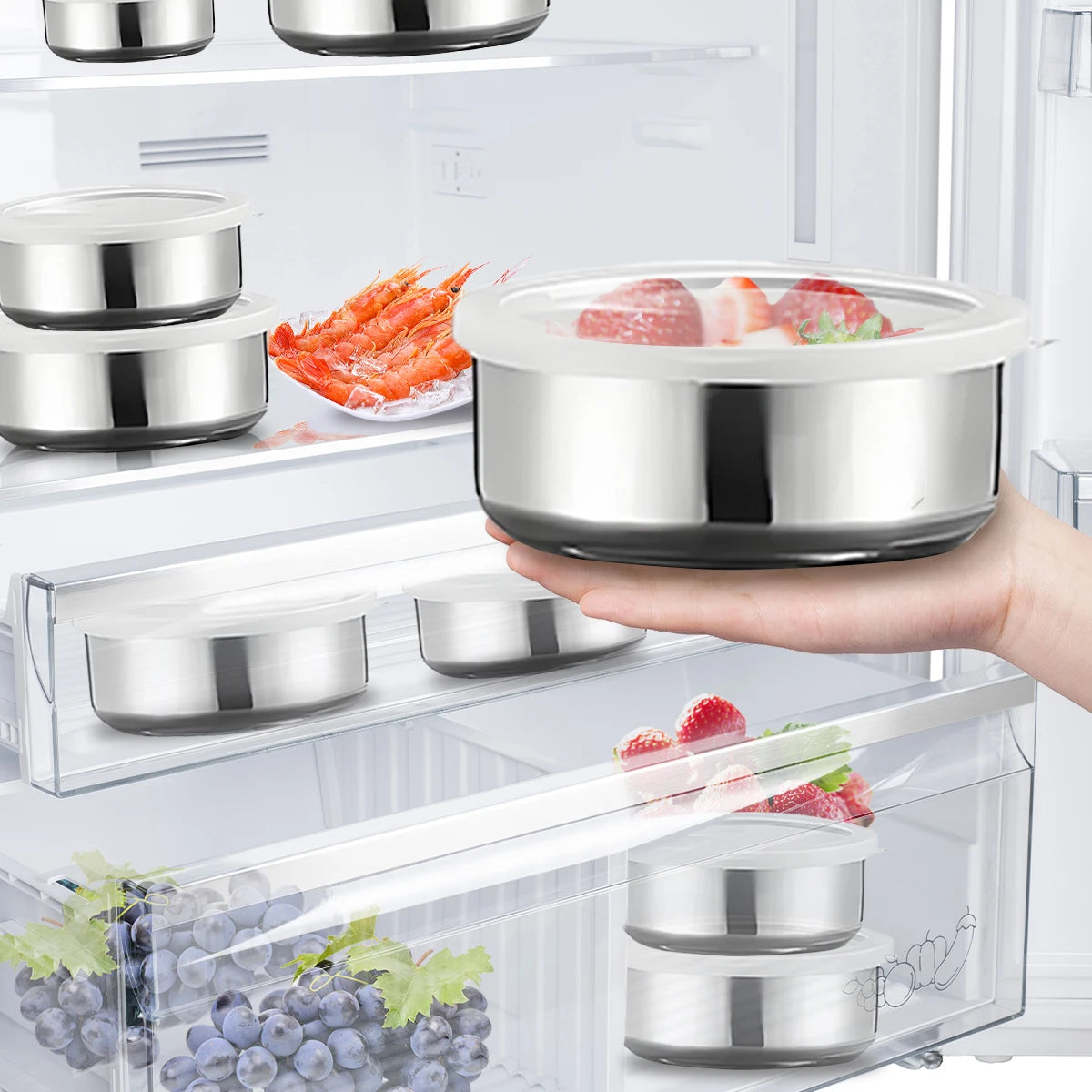 Kit 5 Caixas Conservação Aço Inox Frigorífico - Organizador Alimentos Hermético Multiuso