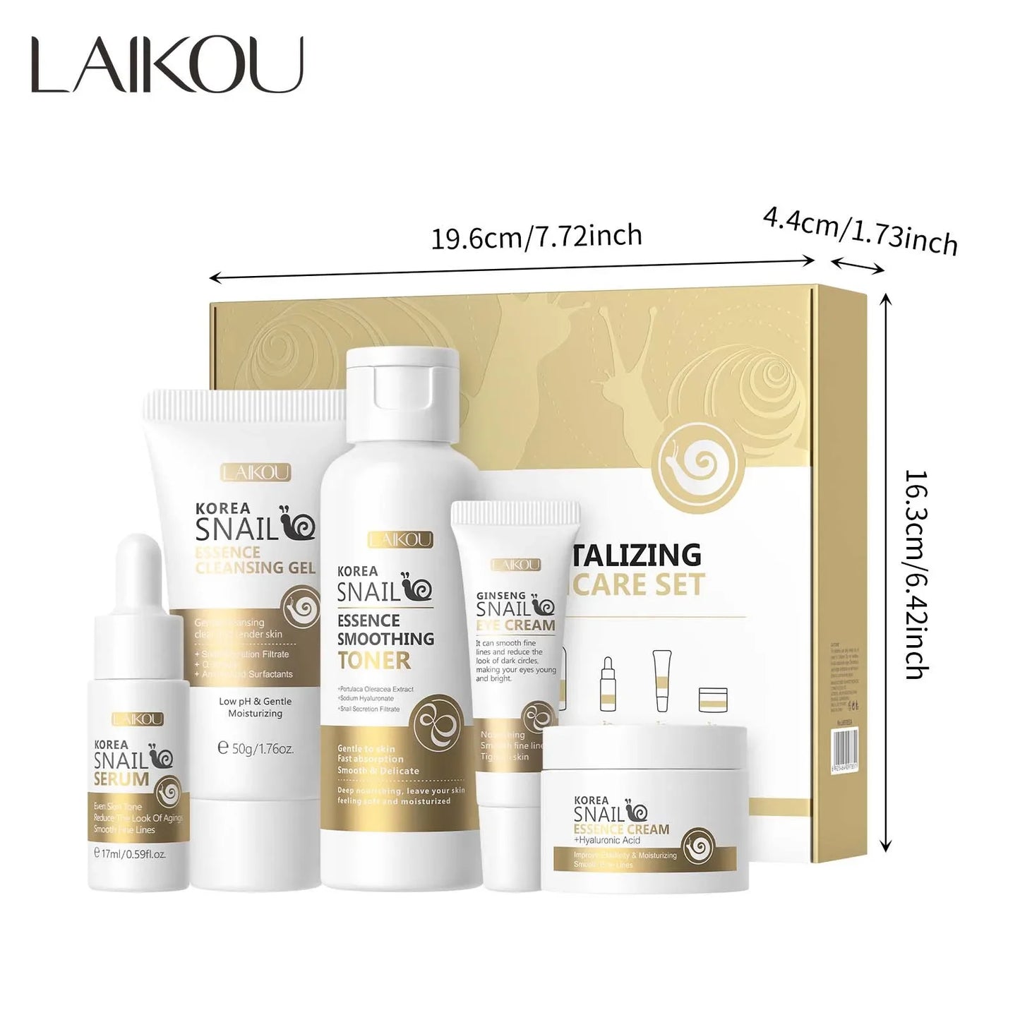 Kit LAIKOU Caracol 5 Peças - Gel Limpeza Tónico Sérum Creme Olhos Elasticidade Facial