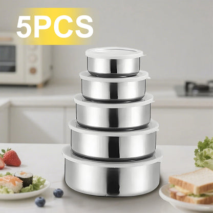 Kit 5 Caixas Conservação Aço Inox Frigorífico - Organizador Alimentos Hermético Multiuso