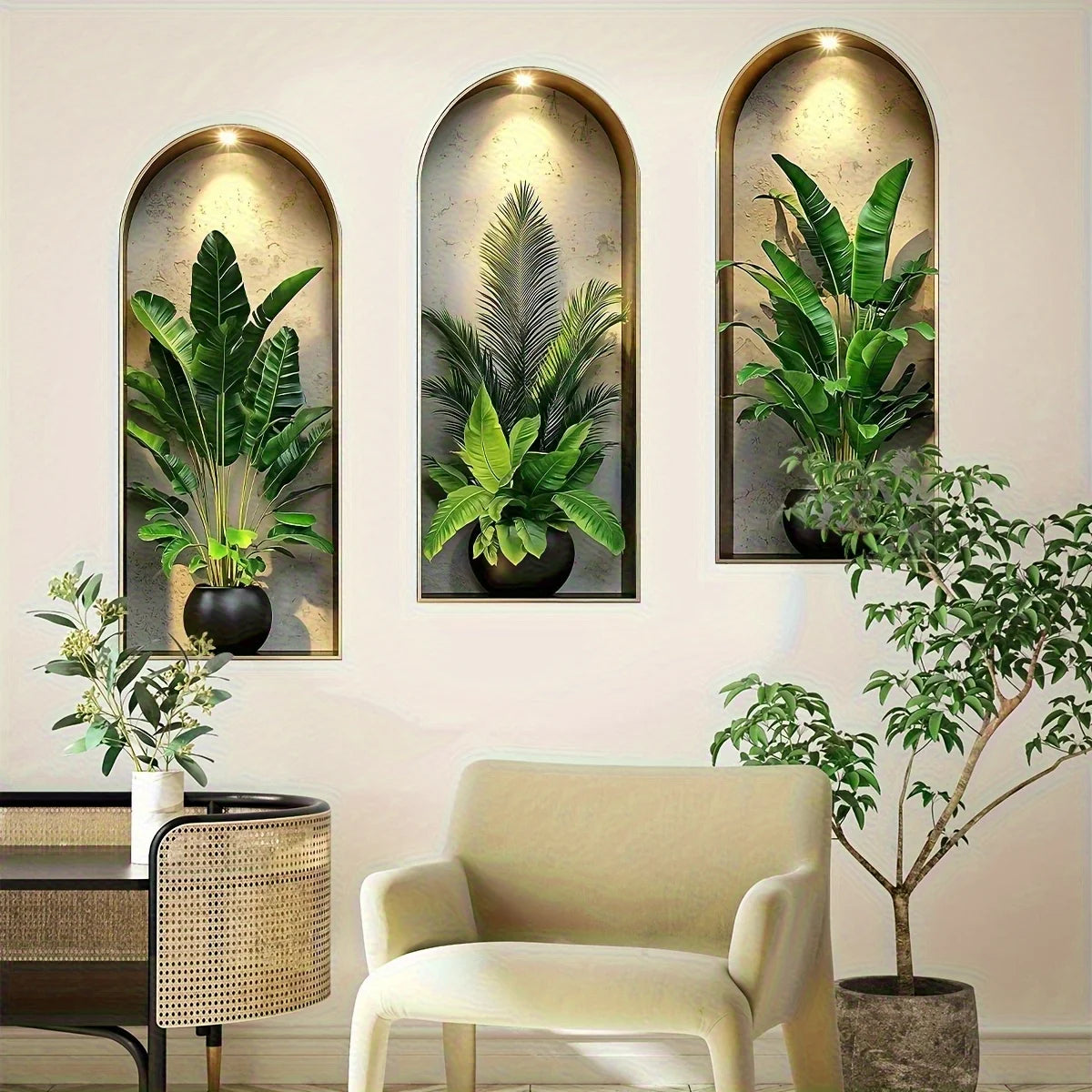Autocolante Parede Janela Arco Plantas Verdes Nórdico PVC - Decoração Sala Quarto Escritório