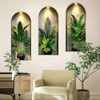Autocolante Parede Janela Arco Plantas Verdes Nórdico PVC - Decoração Sala Quarto Escritório