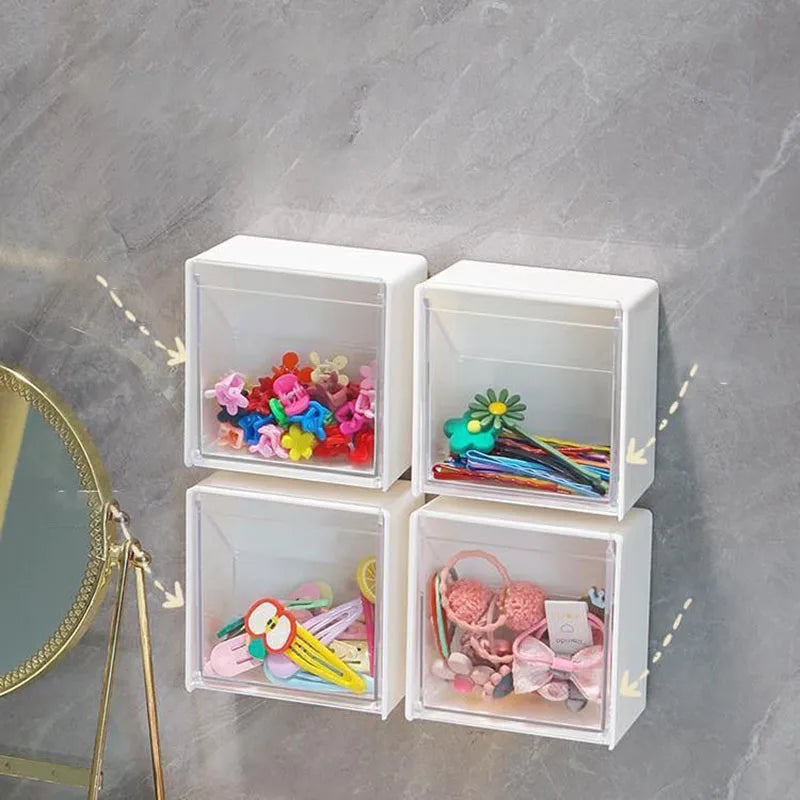 Caixa de Armazenamento de Parede em Plástico – Organizador Adesivo para Cotonetes, Maquilhagem, Acessórios e Joias | Caixa à Prova de Poeira para Casa de Banho