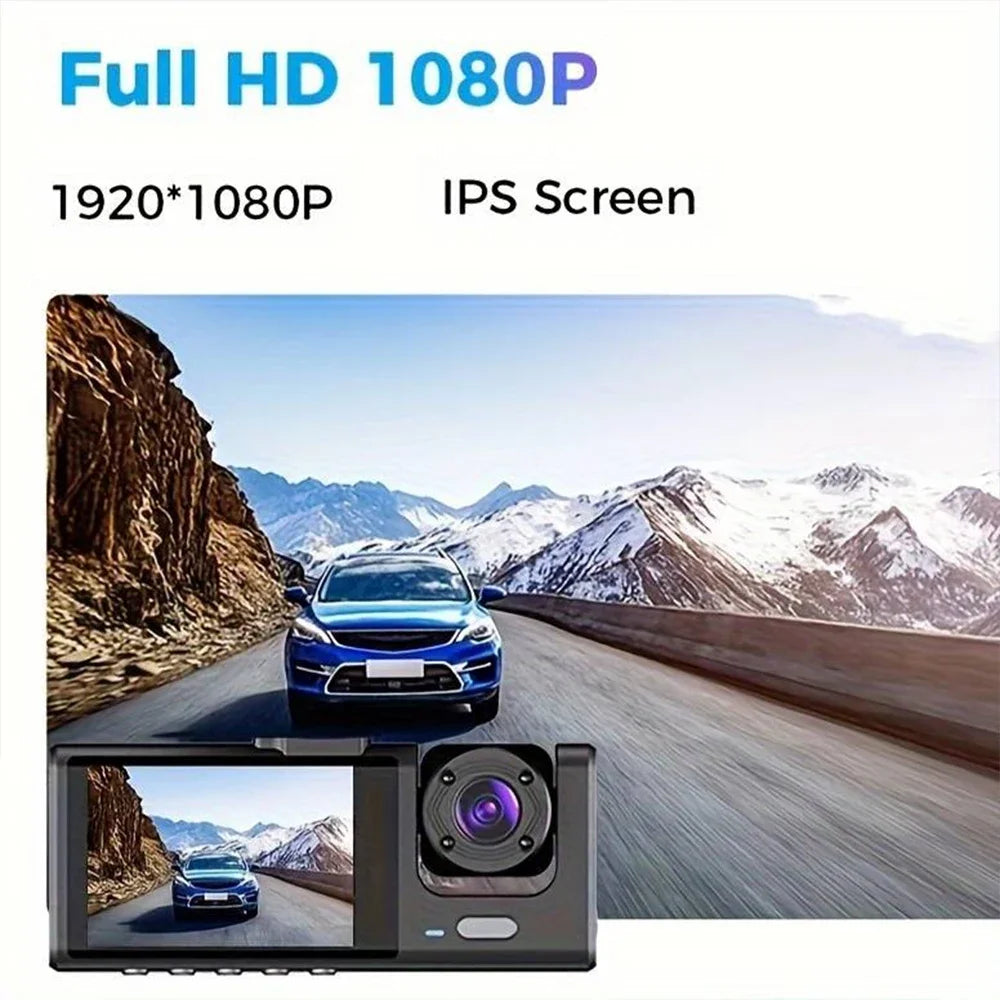 Cámara de salpicadero de 3 canales 1080P con visión nocturna - Cámara DVR para coche con pantalla IPS y grabación en bucle