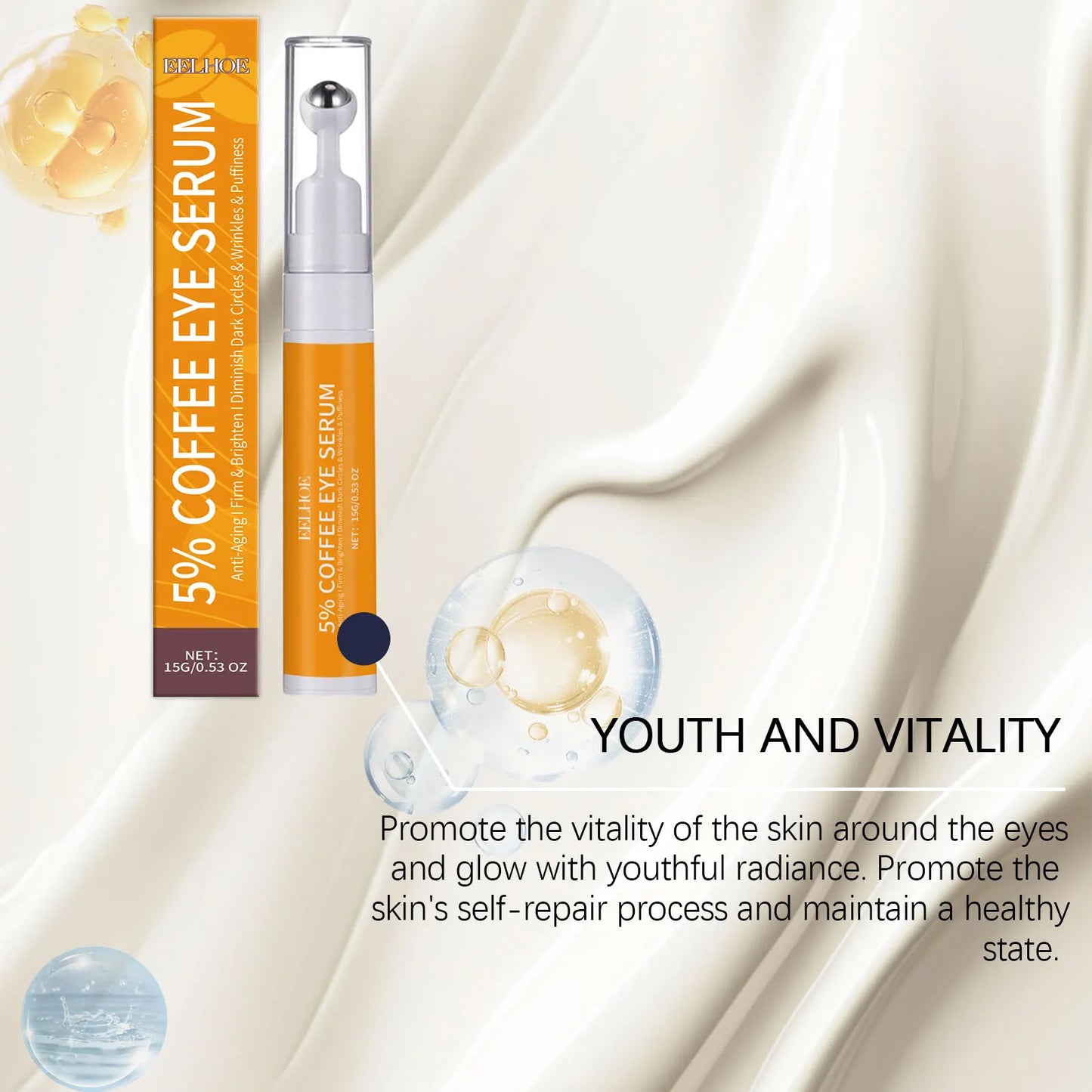 Suero para ojos con 5 % de café: reduce las líneas de expresión, aclara las ojeras, reduce la hinchazón y el colágeno hidrata.