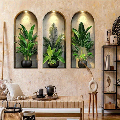 Autocolante Parede Janela Arco Plantas Verdes Nórdico PVC - Decoração Sala Quarto Escritório