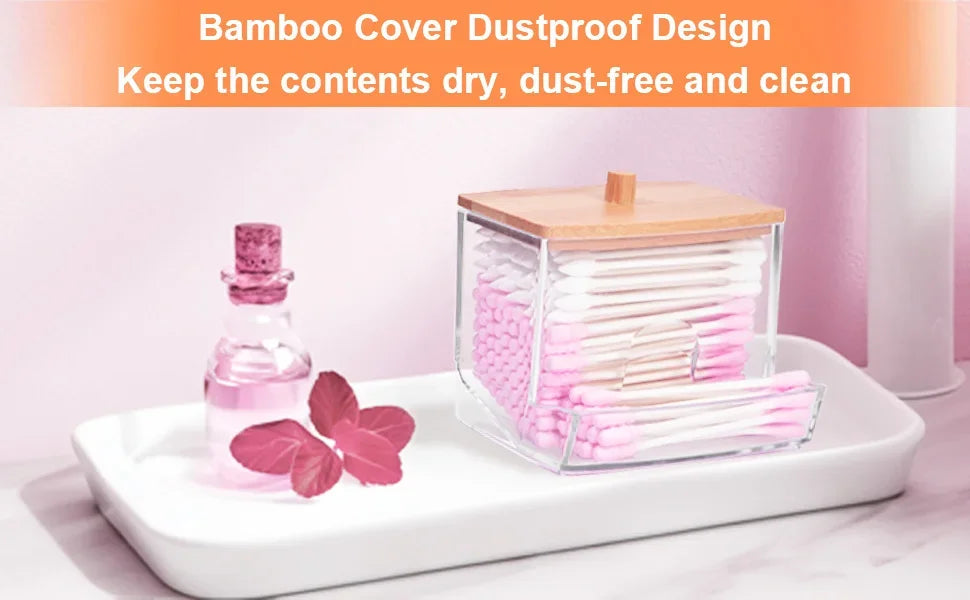 Porta Cotonetes com Tampa de Bambu – Dispensador de Cotonetes | Recipiente Transparente em Plástico com Tampa de Bambu | Organizador para Casa de Banho