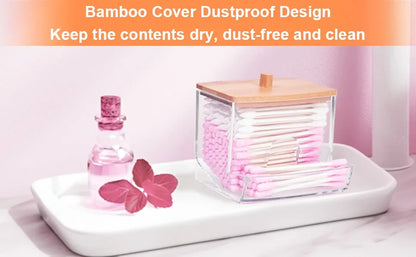 Porta Cotonetes com Tampa de Bambu – Dispensador de Cotonetes | Recipiente Transparente em Plástico com Tampa de Bambu | Organizador para Casa de Banho