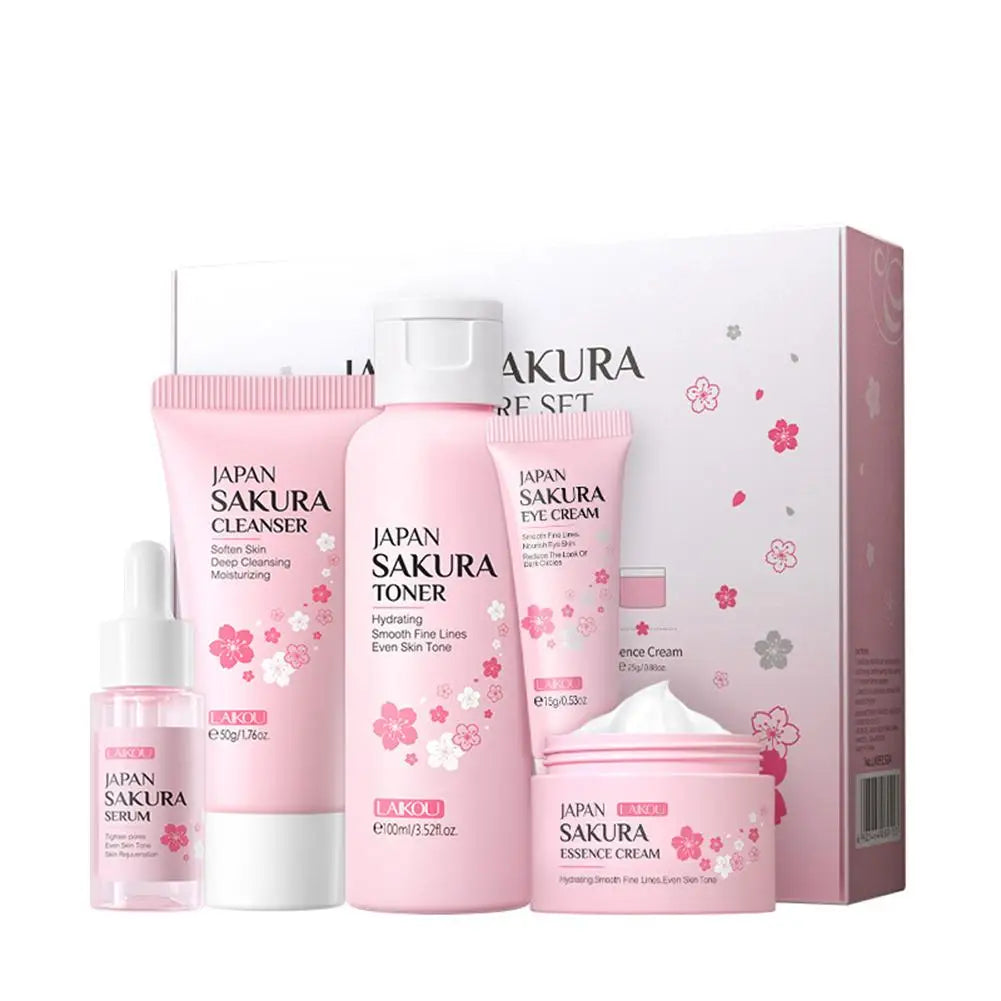 Kit de cuidado de la piel LAIKOU Sakura (5/3 piezas): crema, sérum, tónico, limpiador, protector solar, contorno de ojos y set de regalo.