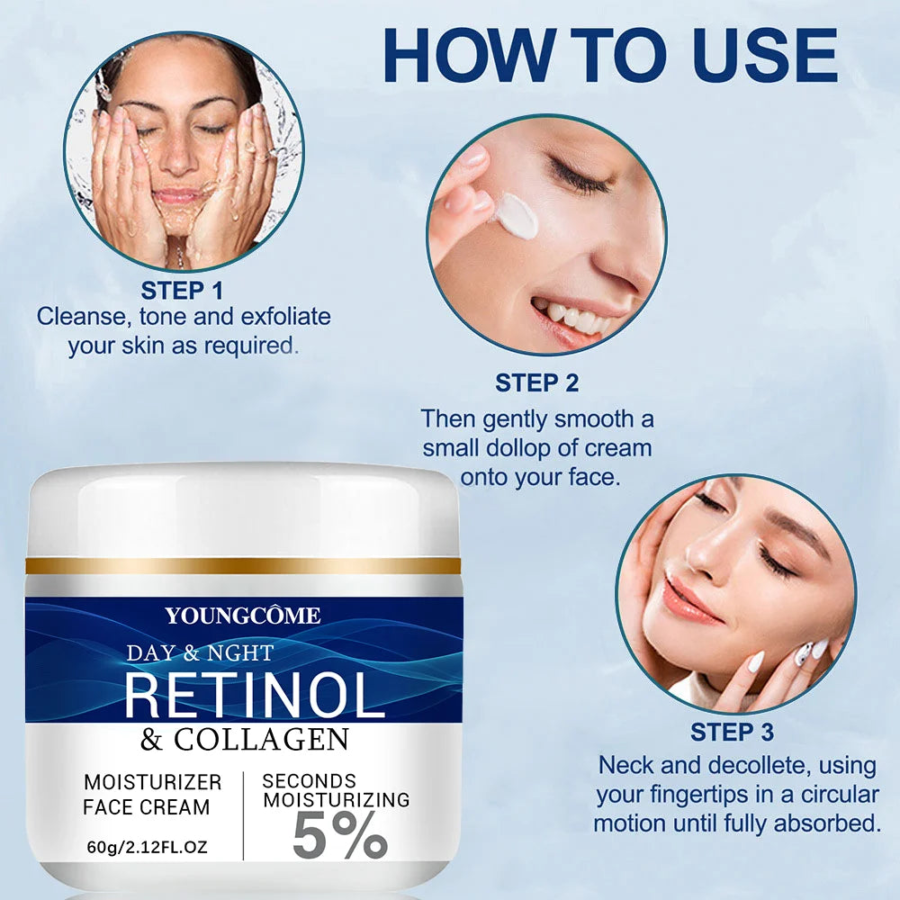 Crema facial con colágeno, retinol y ácido hialurónico: antiedad, reafirmante, lifting, líneas de expresión, iluminadora e hidratante.