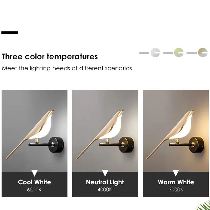 Arandela LED Pássaro Magpie Giratória 360° Dourada - Luminária Parede Nórdica para Quarto e Sala