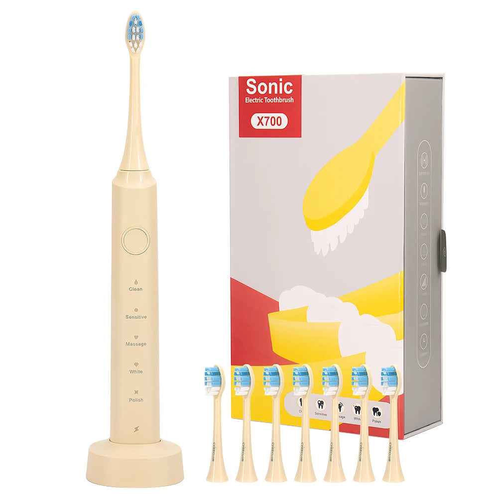 Cepillo de dientes eléctrico sónico con 6 cabezales: temporizador inteligente y blanqueamiento dental.