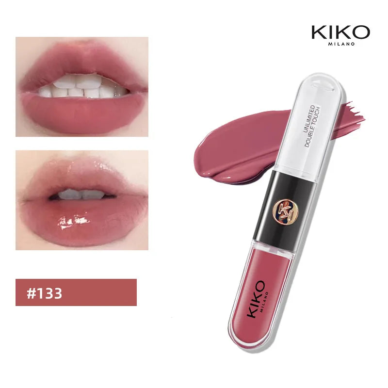 Lápiz labial doble KIKO con brillo de labios espejado: hidratante, duradero y de acabado lujoso.