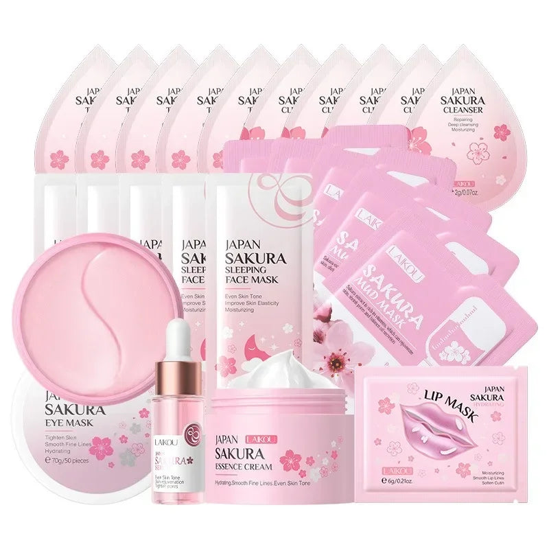 Kit de cuidado de la piel Sakura (24 piezas): mascarillas, mascarillas para ojos, mascarillas para labios, sérum, limpiador, tónico, esencia y crema hidratante.