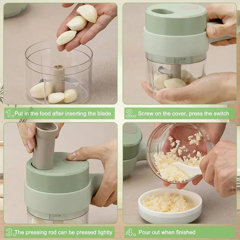 Step-by-step garlic chopper use with green manual food processor and minced garlic output