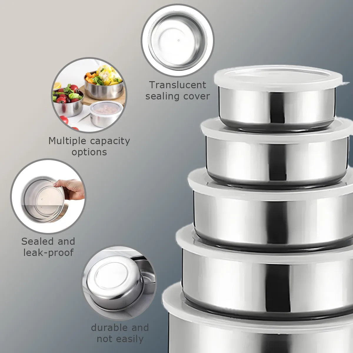 Kit 5 Caixas Conservação Aço Inox Frigorífico - Organizador Alimentos Hermético Multiuso