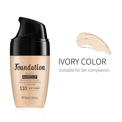Liquid foundation bottle labeled 110 Soft Ivory, moisturizing, long lasting, waterproof makeup for fair skin